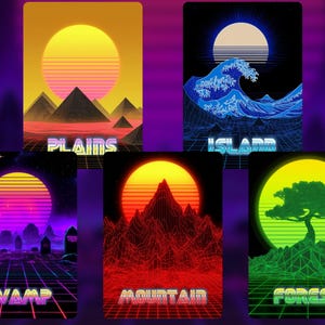 Peut inclure: Cinq affiches d'art paysager de style r&eacute;tro. Chacune pr&eacute;sente un coucher de soleil vibrant, des formes g&eacute;om&eacute;triques et le nom du paysage : Plaines, &Icirc;le, Marais, Montagne et For&ecirc;t. Les palettes de couleurs comprennent le jaune, l'orange, le violet et le vert.