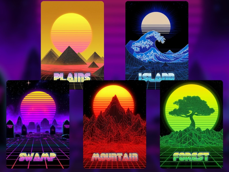 Peut inclure: Cinq affiches d'art paysager de style r&eacute;tro. Chacune pr&eacute;sente un coucher de soleil vibrant, des formes g&eacute;om&eacute;triques et le nom du paysage : Plaines, &Icirc;le, Marais, Montagne et For&ecirc;t. Les palettes de couleurs comprennent le jaune, l'orange, le violet et le vert.