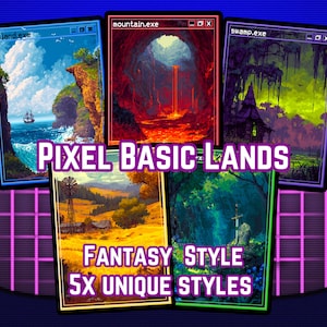 May include: Five pixel art landscape designs, each framed in a retro computer window style. The scenes include an island, mountain, swamp, farmland, and forest. Text reads "Pixel Basic Lands" and "Fantasy Style 5x Unique Styles".