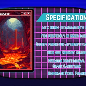 Op de afbeelding: Een ruilkaart met een gepixeld landschap van een vurige grot met lava. De kaart is 6,3 x 8,8 cm groot en heeft een glanzende afwerking. De tekst "mountain.exe" staat linksboven. Ontworpen voor binnensleeves.