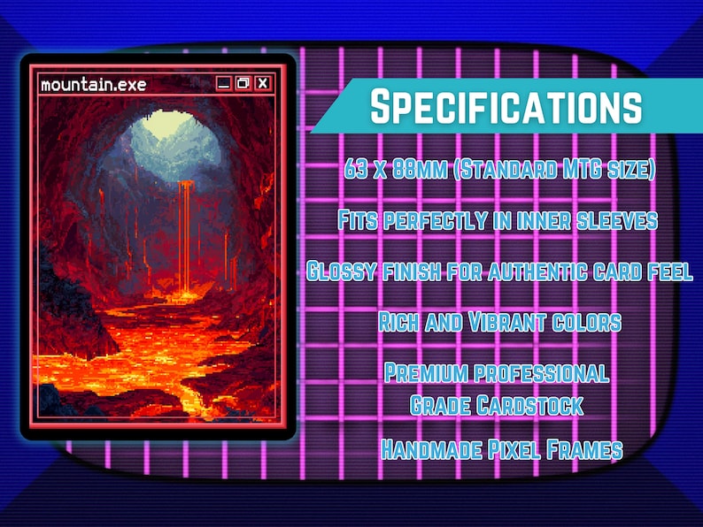 Op de afbeelding: Een ruilkaart met een gepixeld landschap van een vurige grot met lava. De kaart is 6,3 x 8,8 cm groot en heeft een glanzende afwerking. De tekst "mountain.exe" staat linksboven. Ontworpen voor binnensleeves.