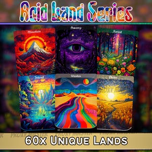 May include: A collection of six colorful fantasy art cards with the text "Acid Land Series" at the top. Each card features a unique landscape, including a mountain, swamp, forest, island, wastes, and plains. The bottom banner reads "60X UNIQUE LANDS."