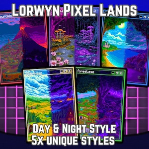 May include: An image showcasing five pixel art landscape designs, each split to show a day and night scene. The text "LORWYN PIXEL LANDS" is at the top, with "DAY & NIGHT STYLE" and "5X-UNIQUE STYLES" at the bottom. The colour palette includes blues, purples, and greens.