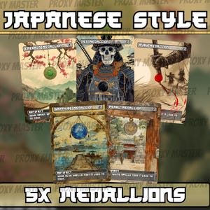May include: Five Japanese-style card illustrations featuring various scenes and artifacts. The cards include text such as "Emerald Medallion", "Jet Medallion", "Ruby Medallion", "Sapphire Medallion", and "Pearl Medallion". The cards have a vintage aesthetic.