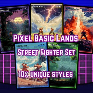 May include: A collection of pixel art cards featuring various landscapes and Street Fighter characters. The cards are labeled with text such as "swamp.exe", "plains.exe", and "mountain.exe". The set is advertised as having 10 unique styles.