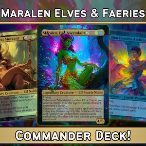 Könnte beinhalten: Commander-Deck mit drei Fantasy-Karten: "High Perfect Morcant", "Maralen, Fae Ascendant" und "Glen Elendra Archmage". Die Karten zeigen farbenfrohe Illustrationen von Elfen und Feen. Der Text oben lautet "Maralen Elves & Faeries" und unten "Commander Deck!"