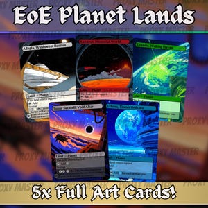 May include: Five full art cards featuring fantasy landscapes. The cards display various planets and celestial bodies with the text "EoE Planet Lands" at the top. The cards have different color schemes, including blue, orange, and green.