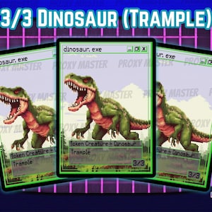 May include: Three trading cards featuring a pixelated green and red dinosaur with its mouth open. The cards have a green border and the text "3/3 DINOSAUR (TRAMPLE)" at the top. The cards are labeled "dinosaur.exe" and "Token Creature - Dinosaur Trample".