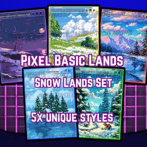 May include: A collection of five pixel art landscape prints, each depicting a snow-covered scene. The set includes images of plains, mountains, an island, and a forest, all in a retro computer window style. Text reads "Pixel Basic Lands" and "Snow Lands Set".