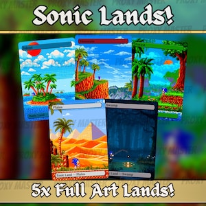 Pode incluir: Conjunto de cinco cartas de terreno de arte completa com cenas de Sonic Lands. Cada carta retrata um ambiente diferente: ilha, montanha, floresta, planícies e pântano. As cartas têm um estilo de arte pixelizado.