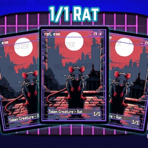 May include: Three pixel art cards featuring a rat with red ears and a long tail, set against a cityscape under a red moon. The cards have the text "rat.exe" and "Token Creature - Rat 1/1". The background is a retro-style design.