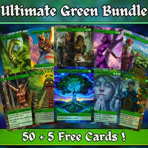 Peut inclure: Un ensemble de cartes à collectionner sur le thème du vert, avec diverses illustrations d'art fantastique. Les cartes portent des titres tels que "Wild Gawbone" et "Finale of Devastation". Le texte "Ultimate Green Bundle" et "50 + 5 Free Cards!" est également visible.