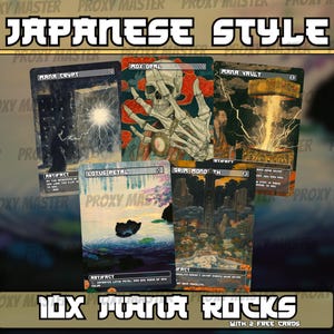 Puede incluir: Un conjunto de cartas de estilo japonés con arte de fantasía. Las cartas muestran varias ilustraciones, incluyendo un esqueleto, relámpagos y paisajes. El texto en las cartas dice "Mana Crypt", "Mox Opal", "Mana Vault", "Lotus Petal" y "Grim Monolith".