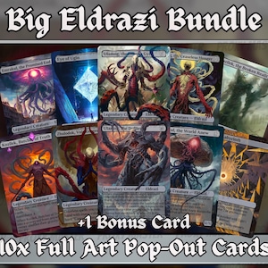 Może przedstawiać: Zestaw dziesięciu kart pop-out z pełną grafiką przedstawiających różne legendarne stworzenia, w tym Emrakul, Ulamog i Kozilek, z kartą bonusową. Karty mają szczegółowe grafiki i tekst, z tytułem "Big Eldrazi Bundle" na górze.