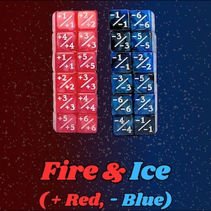 Op de afbeelding: De afbeelding toont twee kolommen dobbelstenen, één rood en één blauw, met witte getallen en symbolen. De rode dobbelstenen tonen positieve waarden, terwijl de blauwe dobbelstenen negatieve waarden tonen. De tekst "Fire & Ice" staat onderaan.