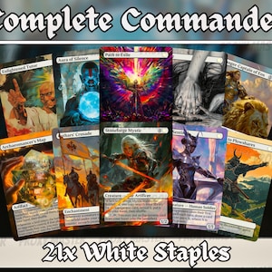 May include: A collection of Magic: The Gathering cards, including "Complete Commander" and "21x White Staples" text. The cards feature various fantasy art, with titles like "Path to Exile" and "Stoneforge Mystic".