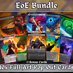 Könnte beinhalten: Ein Bundle aus zehn Full-Art-Pop-Out-Karten mit verschiedenen Fantasy-Illustrationen. Die Karten zeigen Charaktere und Szenen mit leuchtenden Farben und detaillierten Kunstwerken. Der Text "EoE Bundle" steht oben, und "+1 Bonus Cards" ist ebenfalls sichtbar.