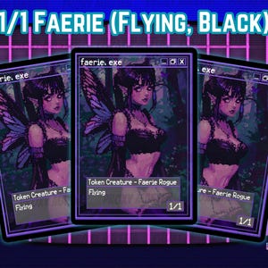 Pode incluir: Três cartas colecionáveis em pixel art com uma fada de cabelo escuro com asas pretas e uma roupa preta. As cartas têm o texto "faerie.exe" e "1/1". O fundo é uma cena de floresta escura. As cartas são rotuladas como "Token Creature - Faerie Rogue Flying".