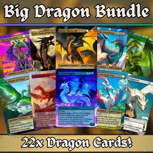 Puede incluir: Un conjunto de 22 cartas coleccionables con temática de dragones, que presentan diversas ilustraciones de dragones en colores vibrantes. Las cartas están etiquetadas con títulos como "Big Dragon Bundle" y "22x Dragon Cards!"