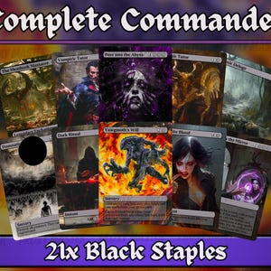 May include: A collection of Magic: The Gathering cards, labeled "Complete Commander" and "21x Black Staples." The cards feature various fantasy art and text, including "The Meathook Massacre," "Vampiric Tutor," and "Yawgmoth's Will." The overall color scheme is dark with purple and black.