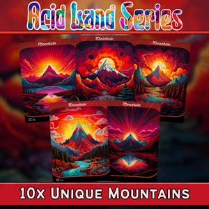 May include: A collection of ten unique mountain landscape art prints. Each print features a vibrant, colorful sunset over a mountain range. The text "Acid Land Series" and "10x Unique Mountains" are displayed in the image.
