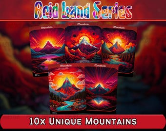 Acid Lands-serie - Psychedelic Mountains set van 10 - Unieke full-art custom Magic-proxy's - Basisland van hoge kwaliteit voor alle formaten!