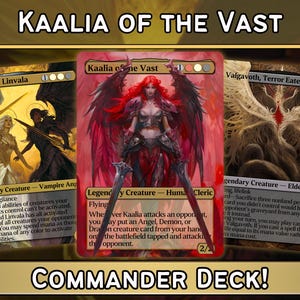 May include: A Commander Deck featuring three Magic: The Gathering cards. The central card, "Kaalia of the Vast," depicts a winged warrior with red hair and swords. Other cards feature "Drana and Linvala" and "Valgavoth, Terror Eater."