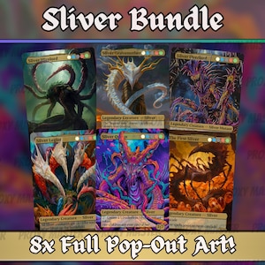 May include: A bundle of six fantasy art cards featuring various Sliver creatures. The cards showcase detailed illustrations of alien-like beings in vibrant colors, with text that reads "Sliver Bundle" and "8x Full Pop-Out Art!"