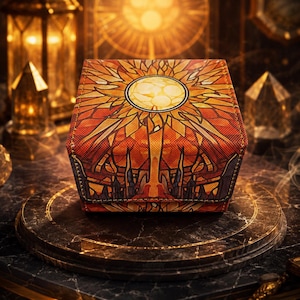 May include: A square storage box featuring a vibrant stained-glass style pattern in shades of orange, yellow, and deep red. The design centers on a circular sun motif with radiating beams, complemented by intricate geometric lines and dark borders.