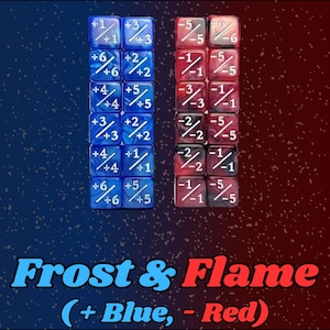 Może przedstawiać: Grafika przedstawiająca dwa zestawy kości, jeden niebieski i jeden czerwony, z białymi liczbami i symbolami. Niebieskie kości mają wartości dodatnie, a czerwone ujemne. Tekst "Frost & Flame (+ Blue, - Red)" znajduje się na dole.