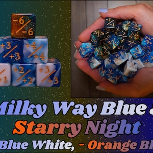 May include: A selection of dice in blue, white, and orange hues. Some dice are stacked, others are held in hands. The dice display numbers and symbols in a contrasting colour. The text "Milky Way Blue & Starry Night" is also visible.
