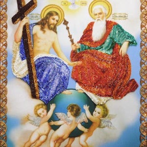 May include: A beaded religious icon featuring two figures seated on a globe with three cherubs below. The figures wear blue and red robes with gold halos. A brown cross and a scepter are held by the figures. The border is gold and ornate.