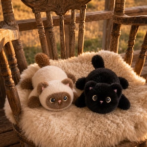 Flat Cat Plush Toy, Soft Floppy Kitten Stuffed Animal, Black Siamese Cat Plushie