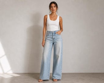 NORTHVAULT Wide Leg Jeans, Luxury Low Rise Denim, Streetwear Pants
