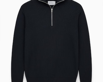 N O R T H V A U L T Stickad tröja med halv dragkedja, minimalistisk ribbad tröja, lyxig och stilren pullover, premium vinterstickning, modern streetwear
