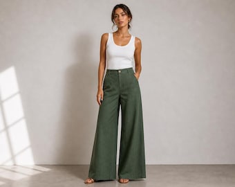 Pantalones de lino de pierna ancha NORTH VAULT, pantalones ligeros de verano, pantalones transpirables de corte holgado, pantalones minimalistas y elegantes para mujer.