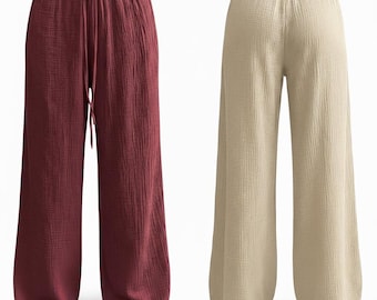 Pantalones anchos de lino N O R T H V A U L T, pantalones ligeros de verano, pantalones holgados con cintura elástica, pantalones casuales minimalistas, ropa de playa relajada