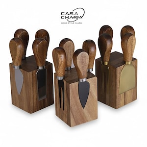 5-Piece Cheese Knife Set with Wooden Block, Stainless Steel Charcuterie Knives, Gourmet Kitchen Gift