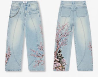 Pantalones vaqueros de pierna ancha para hombre, pantalones vaqueros con estampado gráfico, vaqueros urbanos, vaqueros holgados con estampado de sakura, lavado vintage, corte holgado.