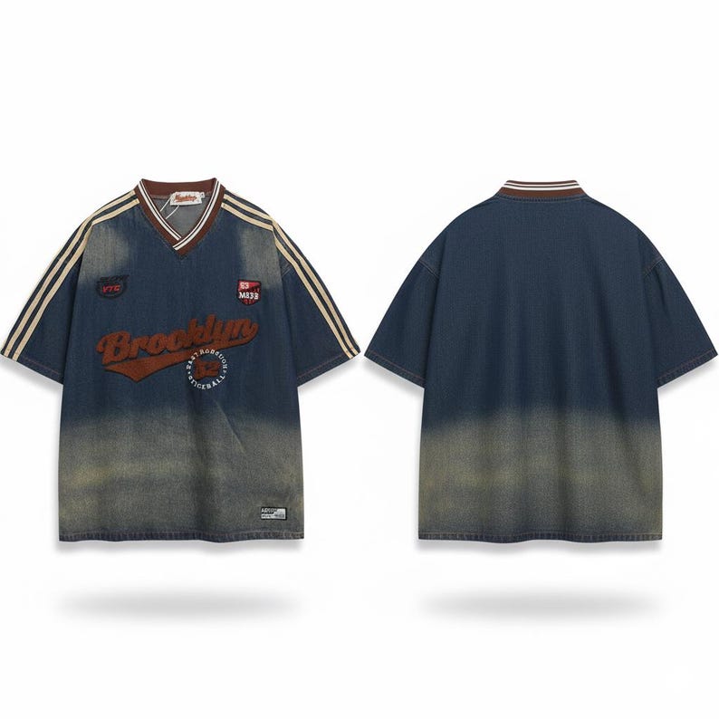 Artistic Washed Denim T-Shirt, Vintage Streetwear Graphic Tee, Oversized Top image 1