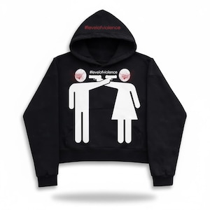 May include: Black hoodie with a white graphic of stick figures pointing a gun at each other. The hood has the text "#levelofviolence" in red. The same text is repeated above the figures.