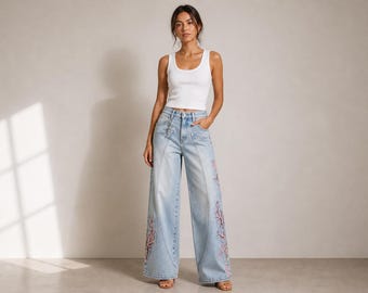 Pantalones vaqueros de pierna ancha para hombre: Denim gráfico Sakura Knight con lavado vintage – Pantalones holgados de estilo urbano