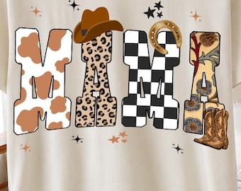 Western Mama PNG, Trendy Western PNG Design, Cowboy Graphics, horseshoe png, Leopard Checkerboard Western Boho Sublimation Graphic