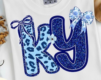 Kentucky KY State PNG, Blue Glitter Leopard Print Sublimation Design, Floral Bow Coquette Shirt Graphic, Digital Download
