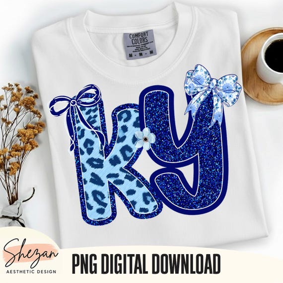 Kentucky KY State PNG, Blue Glitter Leopard Print Sublimation Design, Floral Bow Coquette Shirt Graphic, Digital Download