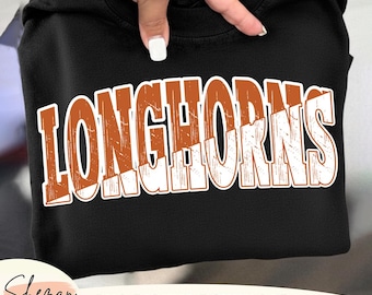 Longhorns PNG, School Team Longhorns Orange Varsity Design, School spirit team PNG sublimation design