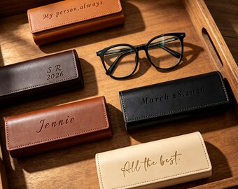 Personalized Leather Sunglasses Case | Custom Name phrase , Date, or Phrase Glasses Case | Gift for Dad, Mom, Grandma Brown / White / Black