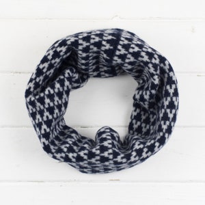 Knitted lambswool cowl / snood in navy and grey colour geometric arrow design, knitted in the UK - 100% wool