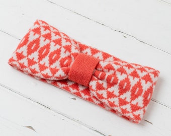 Mirror knitted headband - coral and white