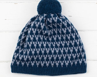 Arrow knitted pom pom hat - diesel blue and seal grey